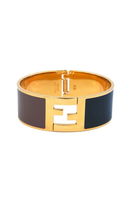 Fendi Black &amp; Brown Medium Signature Ff Logo Click Bangle Bracelet