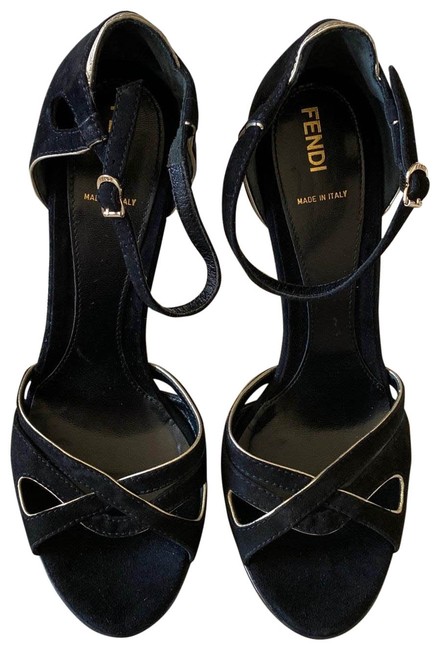 Fendi Black and Gold Suede Wedges 