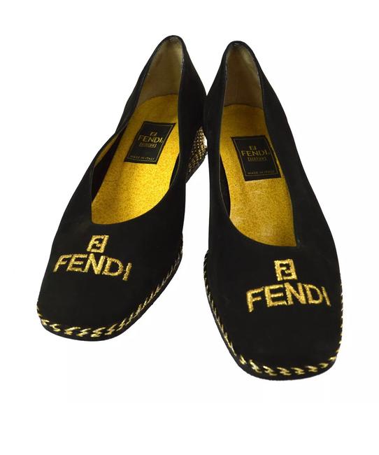 Fendi Black Gold Suede Vintage Pumps 