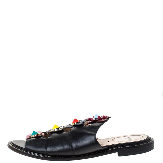 Fendi Black Leather Flowerland Slide Sandals 