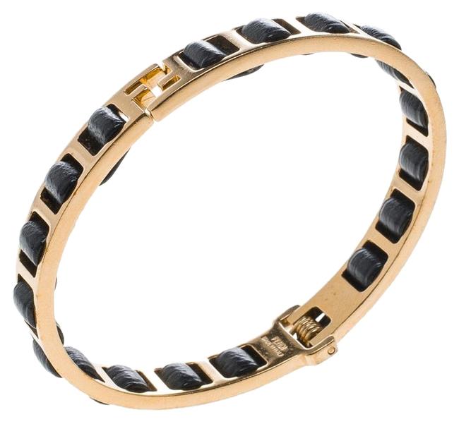 Fendi Black Leather Gold Tone Chain Link Woven Bracelet
