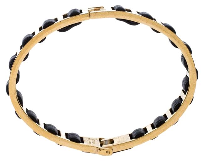 Fendi Black Leather Gold Tone Chain Link Woven Bracelet S