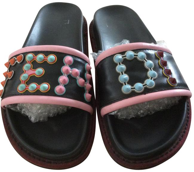 Fendi Black Multi Fun Fair Roma Leather Slides Flats 