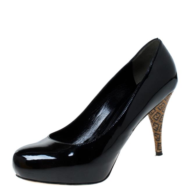 Fendi Black Patent Leather Logo Heel Platform 37.5 Pumps 