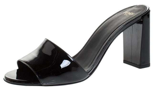 Fendi Black Patent Leather Logo Slide Sandals 