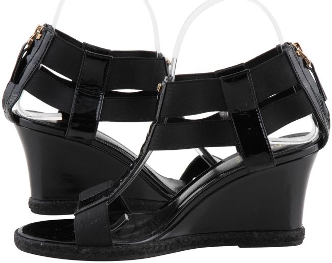 Fendi Black Patent Leather T strap Sandal Wedges 