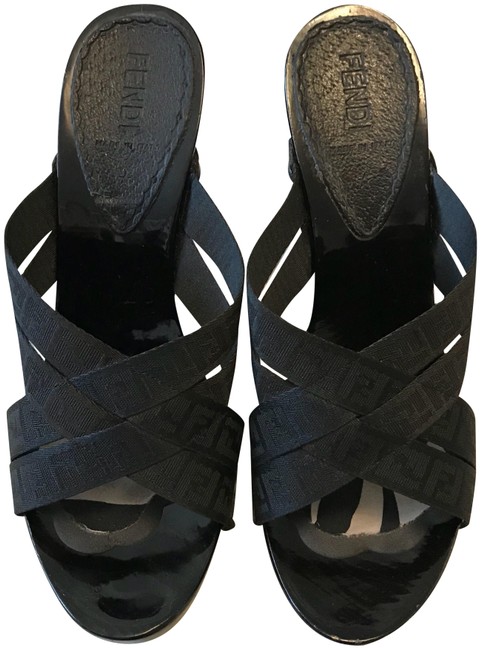 Fendi Black Signature Logo Strappy Wedges 