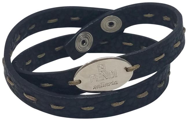 Fendi Black Silver Silver tone Selleria Leather Wrap Bracelet