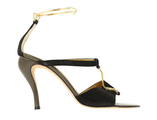 Fendi Black Suede Chain T strap Sandals 