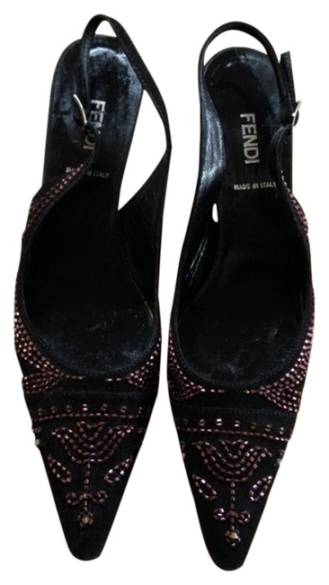 Fendi Black with Rose Beading Slingback Formal Shoes 