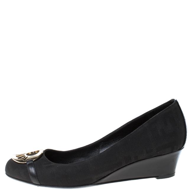 Fendi Black Zucca Canvas Logo Plate Wedge 39.5 Pumps 
