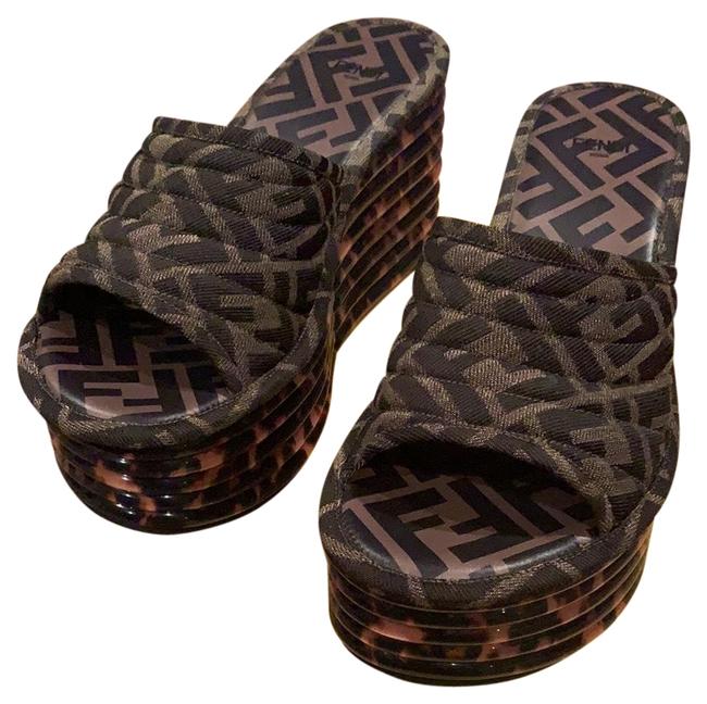 Fendi Black Brown Tortise Wedge Sandals 