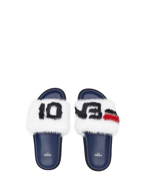 Fendi Blue Mania Fur Logo Sliders Sandals 