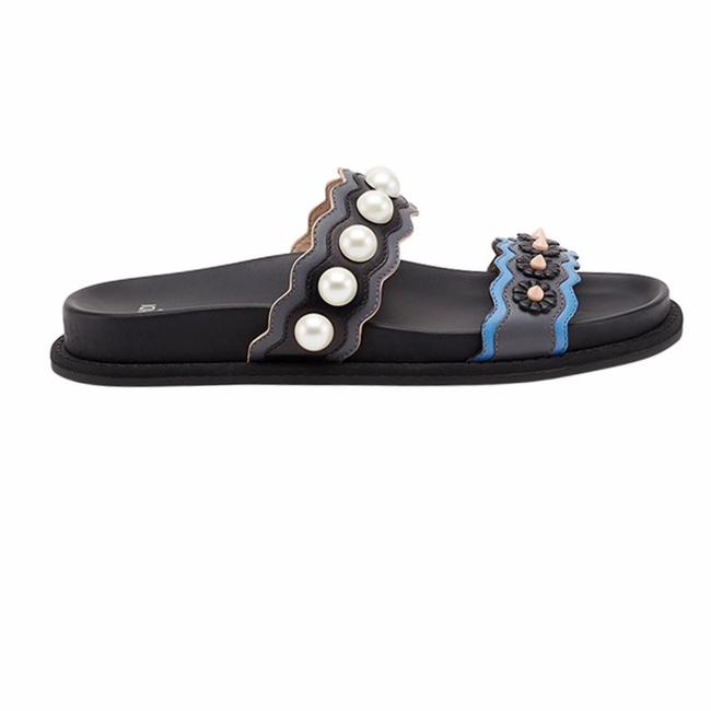 Fendi Blue Scallop Floral Embellished Slides Flats 