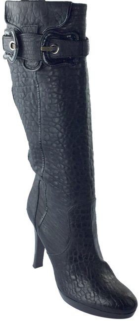 Fendi Black Buckle Leather Knee High Heel Boots Booties 