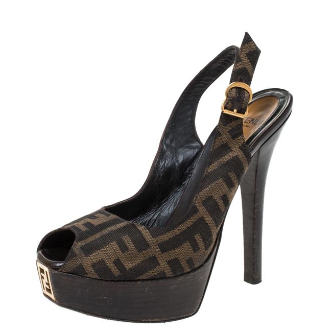 Fendi Brown Canvas Fendista Platform Slingback Sandals 
