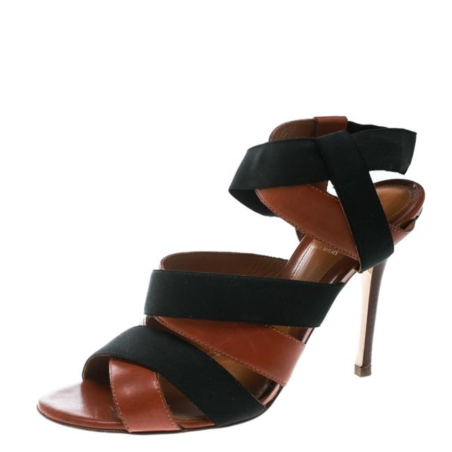 Fendi Brown Leather and Black Elastic Strappy Sandals 