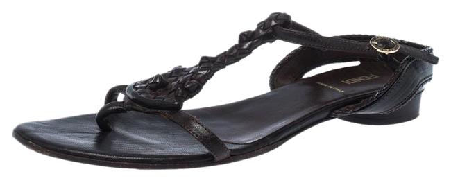 Fendi Brown Leather T Strap Flat Sandals 