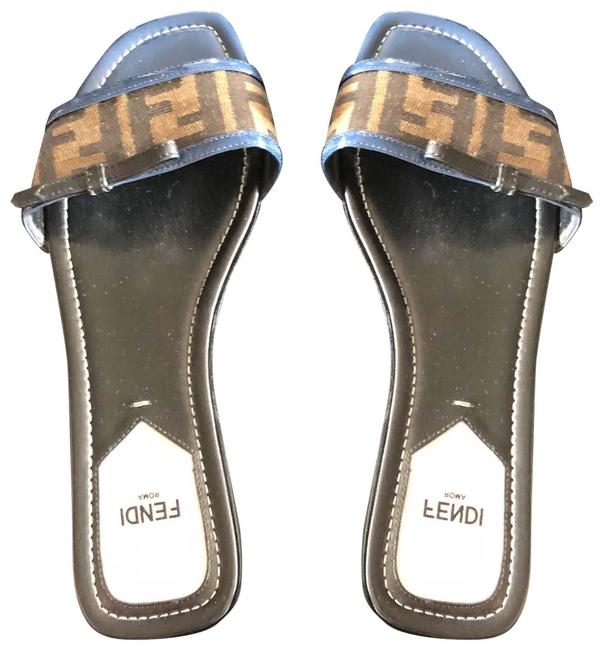 Fendi Brown Zucca Canvas Blue Slide Sandals 