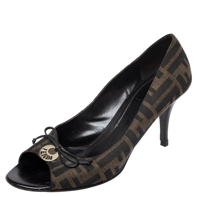 Fendi Brown Zucca Canvas Bow 38 Pumps 