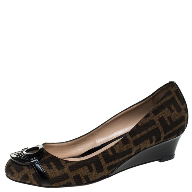 Fendi Brown Zucca Canvas Logo Plate Wedges Pumps 