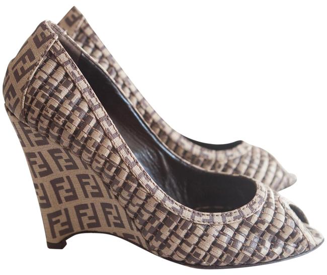 Fendi Brown Zucca Canvas Peep Toe Wedges 