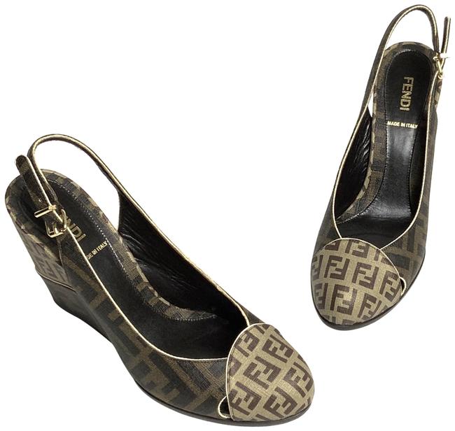 Fendi Brown Zucca Ff Logo Pumps Wedges 
