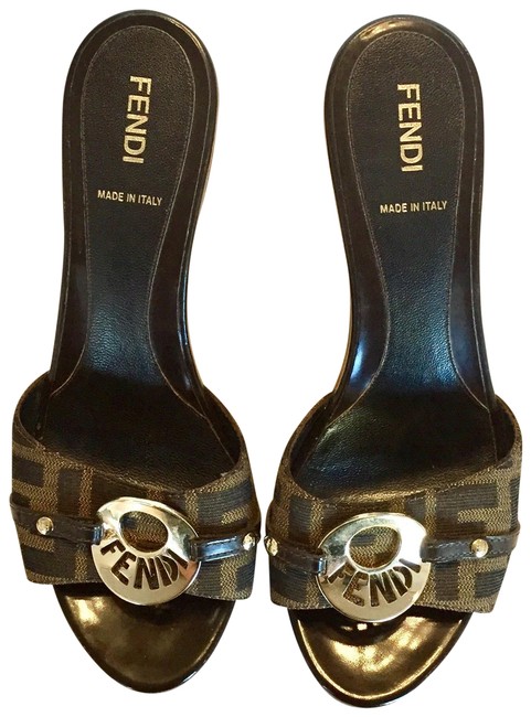 Fendi Brown Zucca Heel Mules Slides 