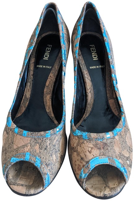 Fendi Cork and Blue Metallic B Mix Pumps 