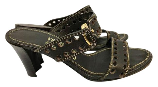 Fendi Dark Brown Leather Wooden Heels Sandals 