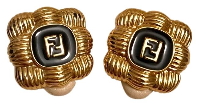 Fendi Gold and Black Vintage Logo Earrings