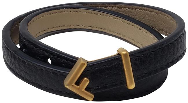 Fendi Gold Black Leather Fold tone Ff Logo Charm Wrap Bracelet
