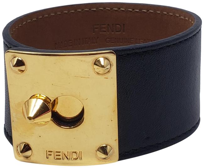 Fendi Gold Black Leather Gold tone Spike Lock Logo Wrap Bracelet