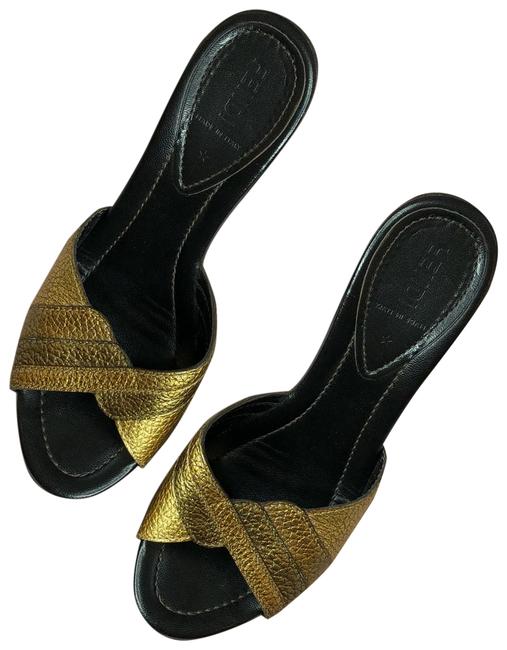 Fendi Gold Chunky Boho Heels Mules Slides 