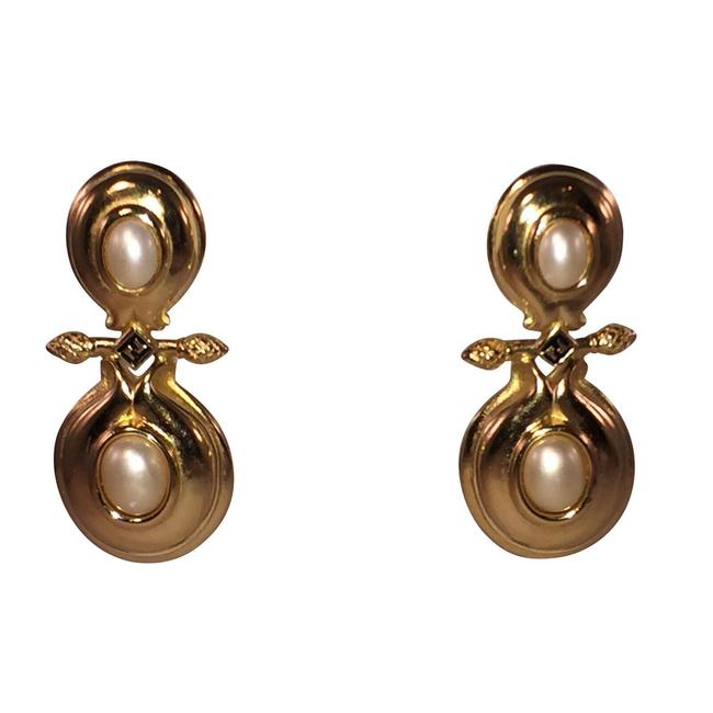 Fendi Gold Dangle Monogram Simulated Pearl Cabochon Earrings