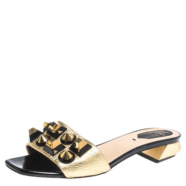 Fendi Gold Leather Studded Open Toe Slides Flats 