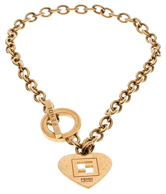 Fendi Gold Metal Tone Chain Link Heart Charm Toggle Bracelet