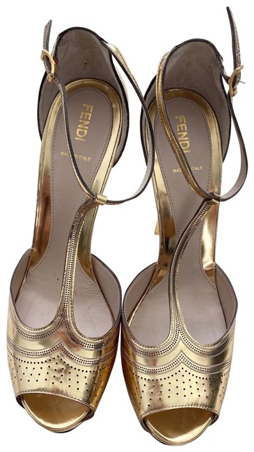 Fendi Gold Metallic Peep Toe Mary Jane Heels Platforms 