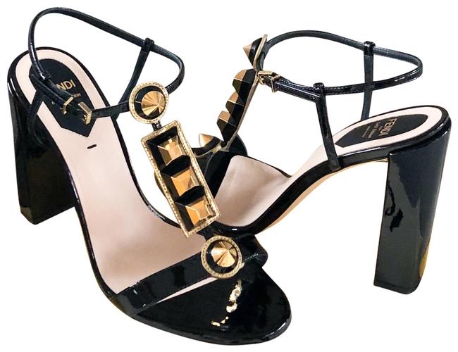 Fendi Gold Spikes Patent Leather Ankle Strap Sandals 
