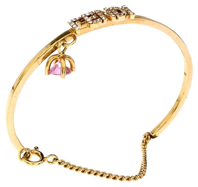 Fendi Gold Tone Crystal Embellished Logo Charm Bracelet S