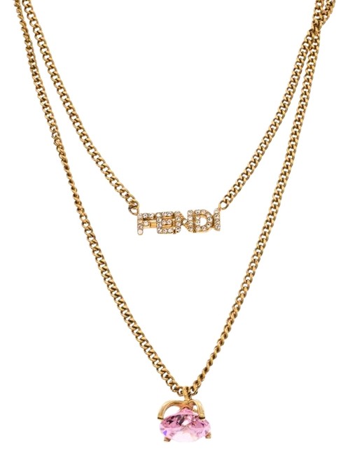 Fendi Gold Tone Pink Stone Logo Name Crystal Embellished Necklace