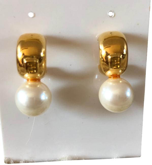 Fendi Gold Tone Small Hoop with Pearl Drop Earrings