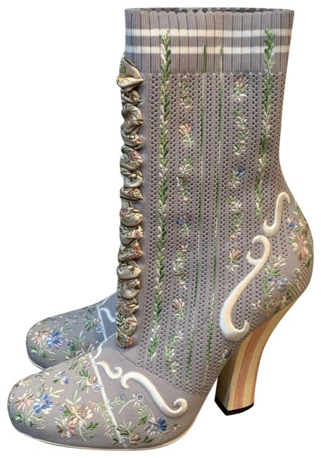 Fendi Gray Floral Print Sock Ankle Boots Booties 