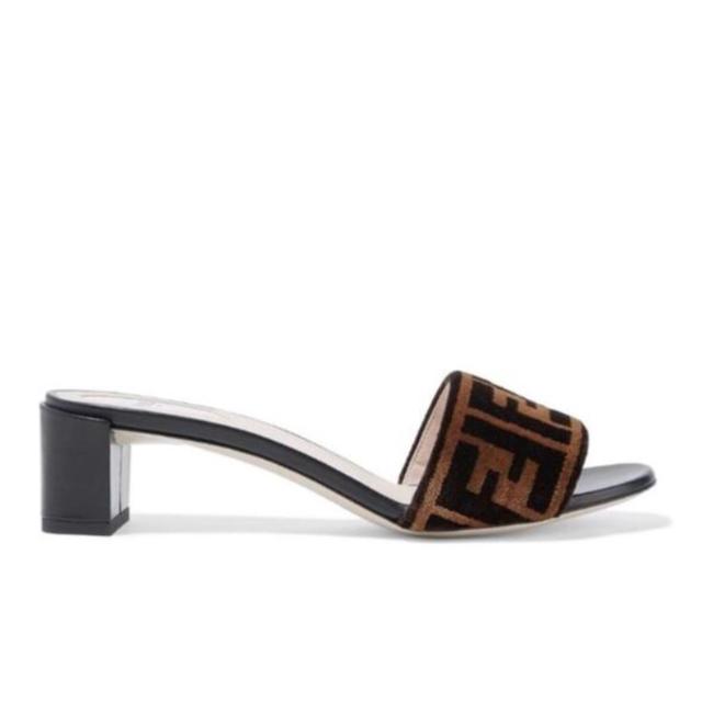 Fendi Logo Velvet Leather Heels Mules Slides 