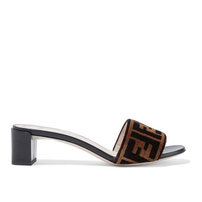 Fendi Logo Velvet Leather Mule Heels Sandals 