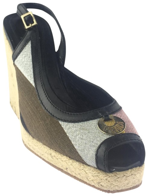 Fendi Multicolor Canvas Espadrille Slingback Wedges 