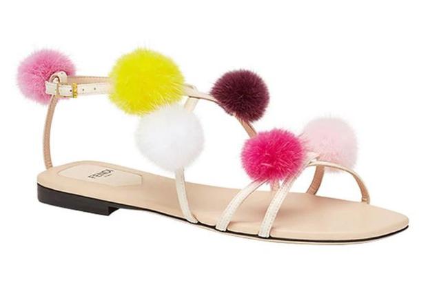 Fendi Nude Multi Mink Pom Pom Flat Sandals 