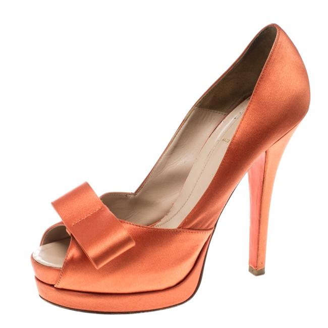 Fendi Orange Satin Deco Bow Peep Toe Platform Pumps Narrow Aa, N
