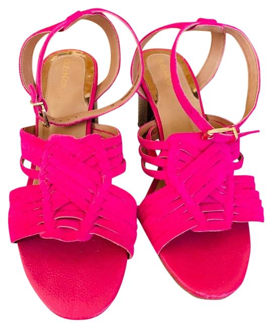 Fendi Pink Klub Nico Woven Suede Block Heels Sandals 