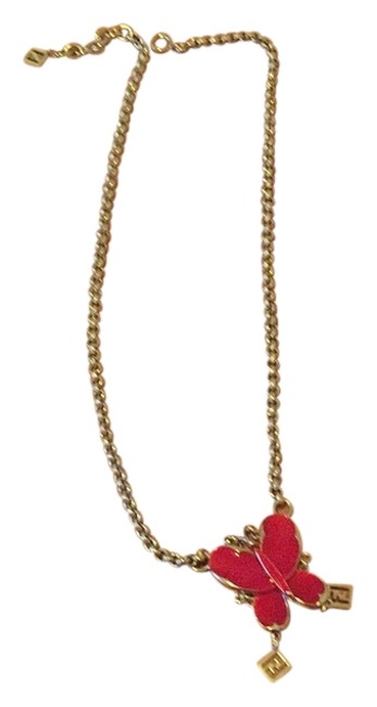 Fendi Red Enamel Butterfly Pendant Gold Chain Necklace